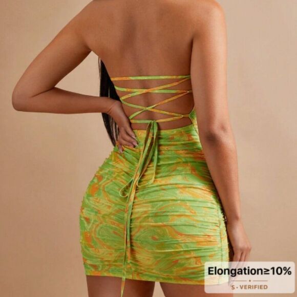 Dresses & Skirts - Vibrant Green and Orange Ruched Dress Allover Print Lace Up Backless